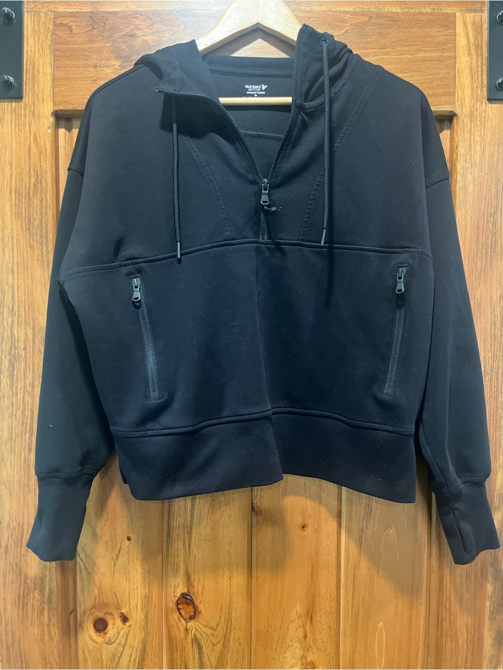 Old Navy Black Half-Zip Hooded Cropped Pullover with Zippered Pockets